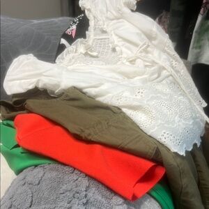 White Lace Blouse and Red Sweater